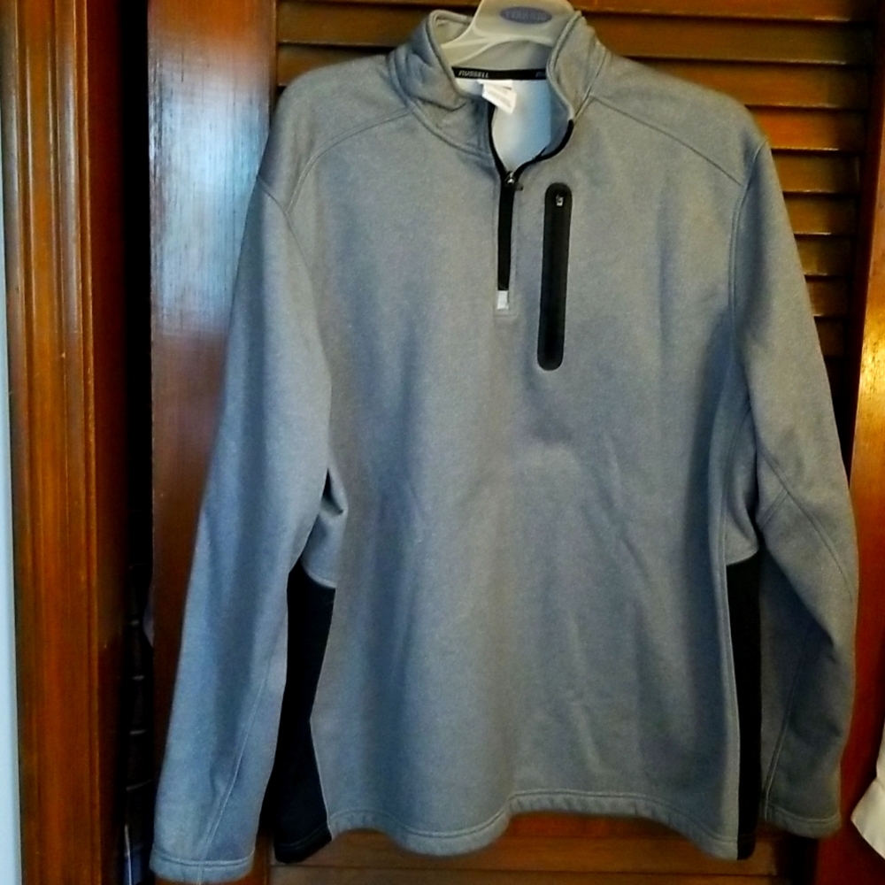 Mens long sleeve lined shirt with half zipper and media picket. Gray and black.